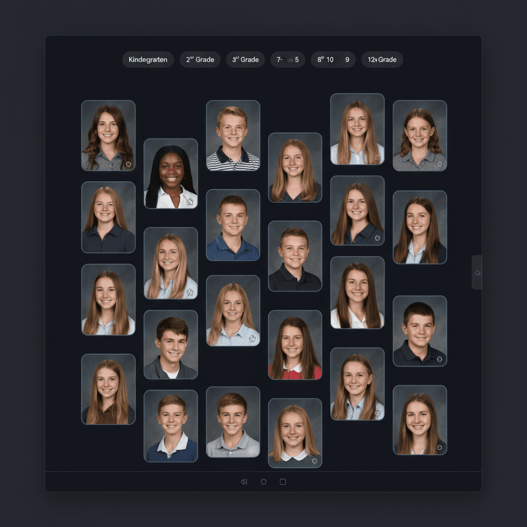 Gallery mockup showing a grid of school portraits